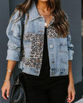 Ladies Leopard Splice Ripped Denim Jacket MN2014 - SWEETKAMA