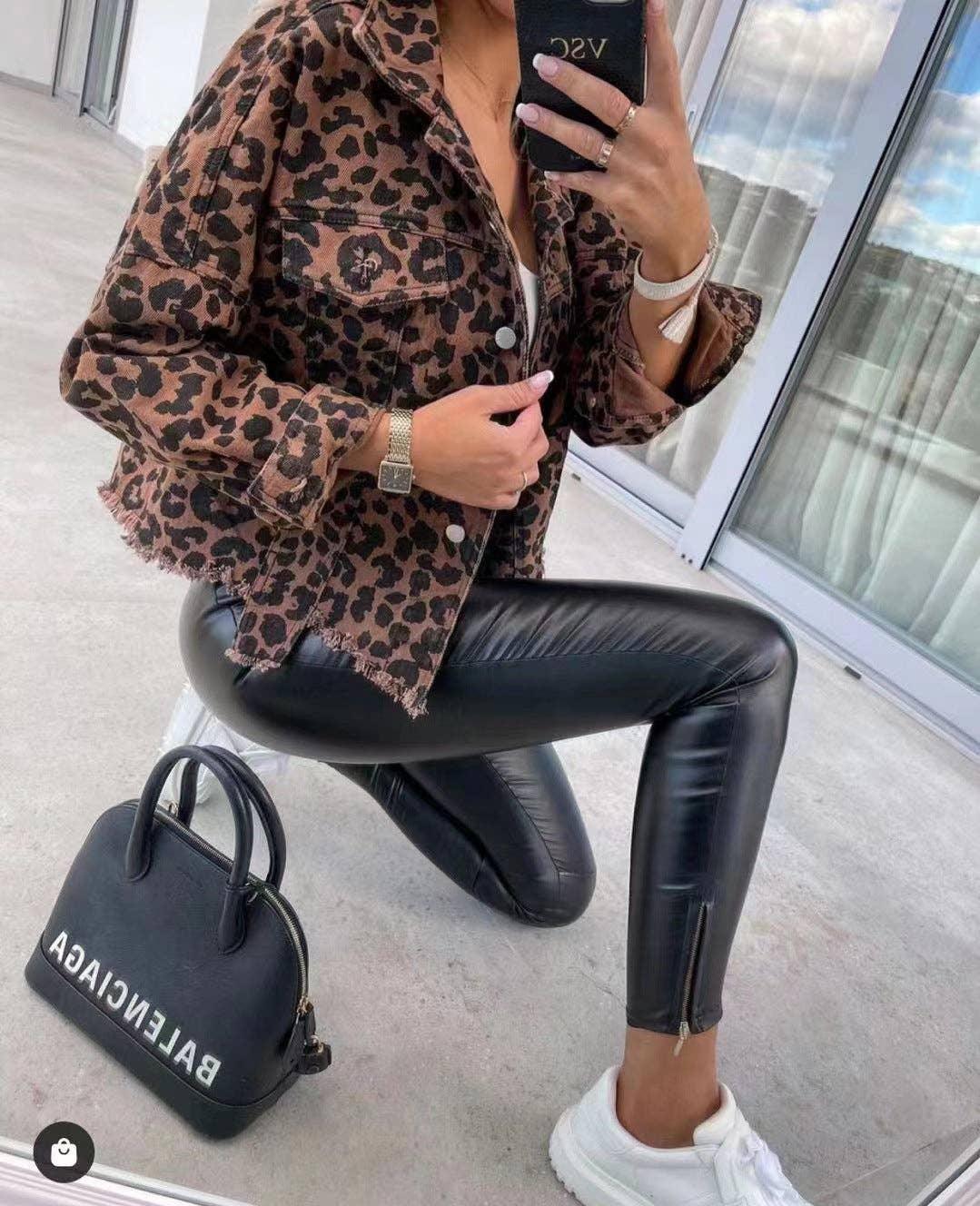 Ladies Long Sleeves Leopard Print Daily Denim Jacket 005266 - SWEETKAMA