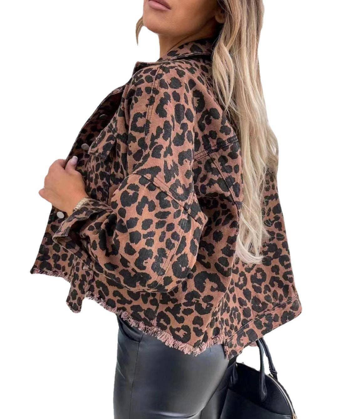Ladies Long Sleeves Leopard Print Daily Denim Jacket 005266 - SWEETKAMA