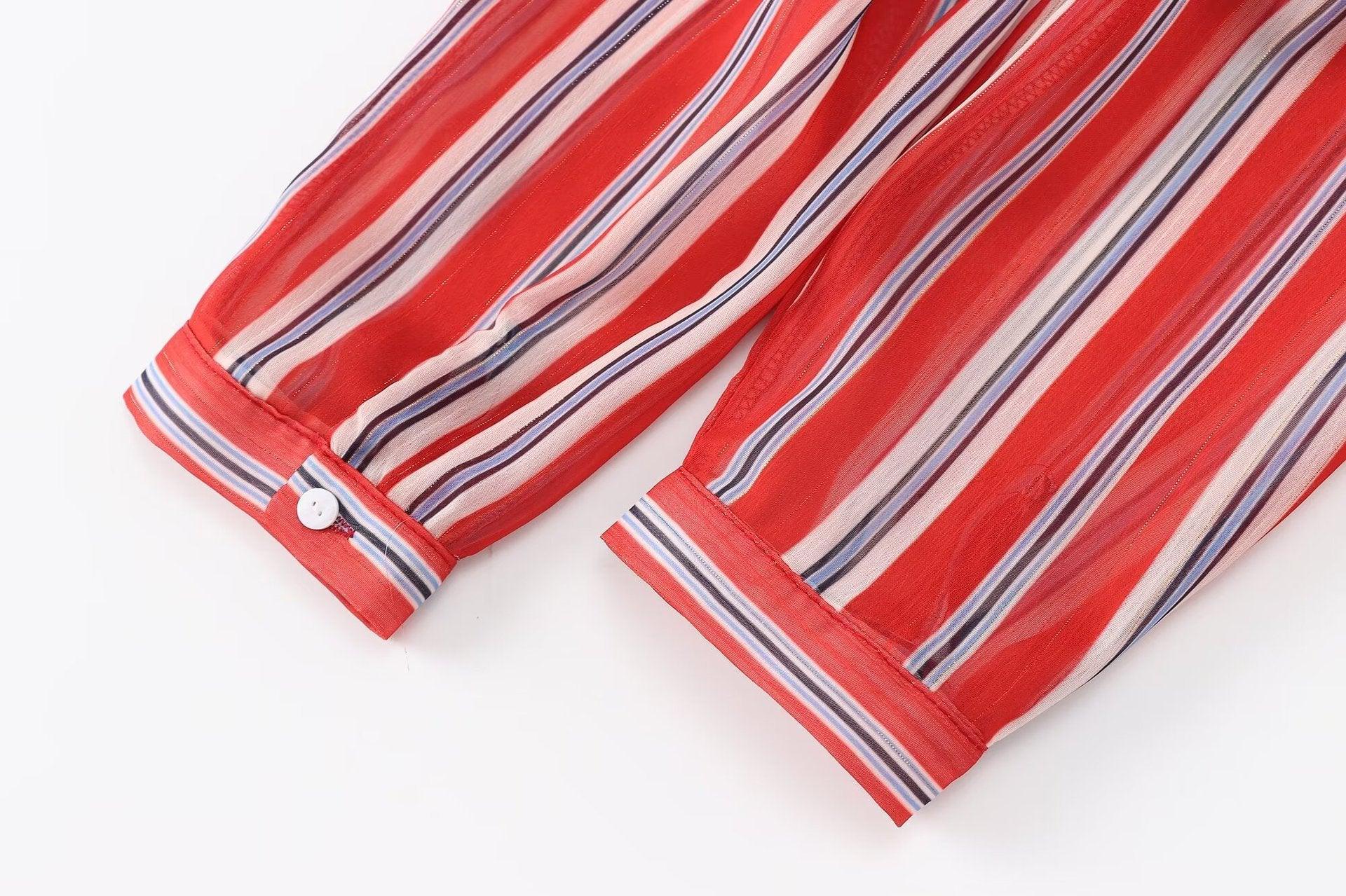 Ladies Long Sleeves Red + White Stripe Shirt K71245 - SWEETKAMA