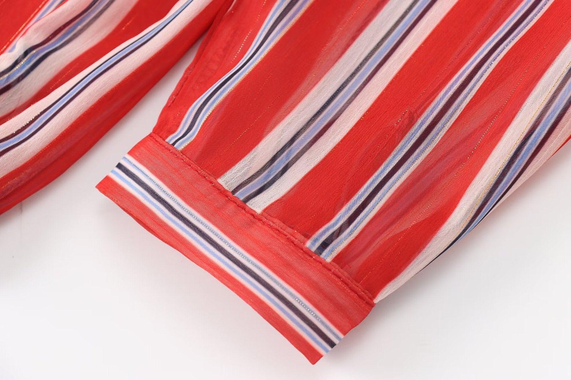 Ladies Long Sleeves Red + White Stripe Shirt K71245 - SWEETKAMA