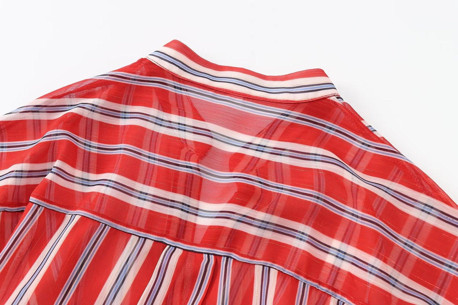 Ladies Long Sleeves Red + White Stripe Shirt K71245 - SWEETKAMA