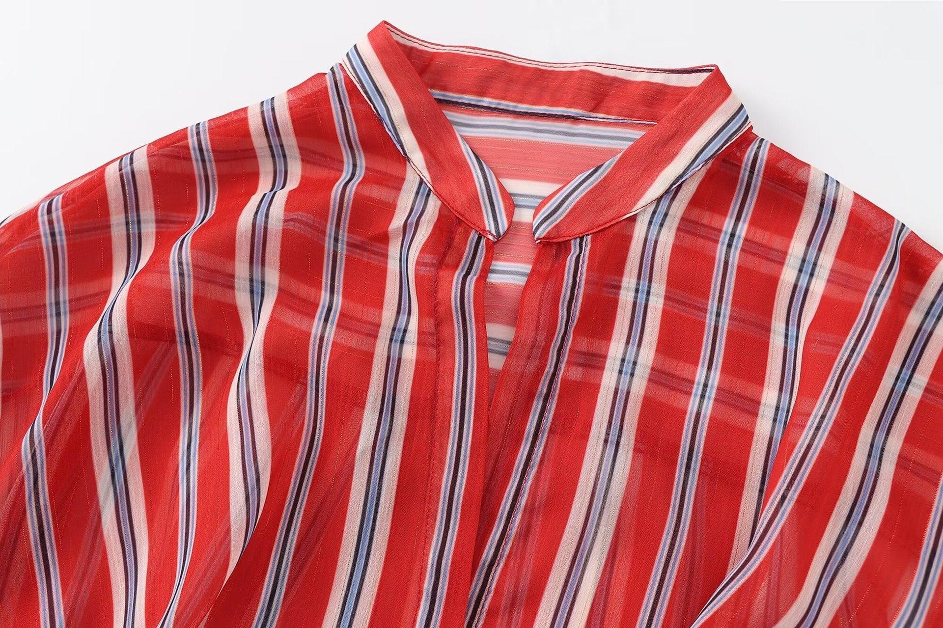 Ladies Long Sleeves Red + White Stripe Shirt K71245 - SWEETKAMA
