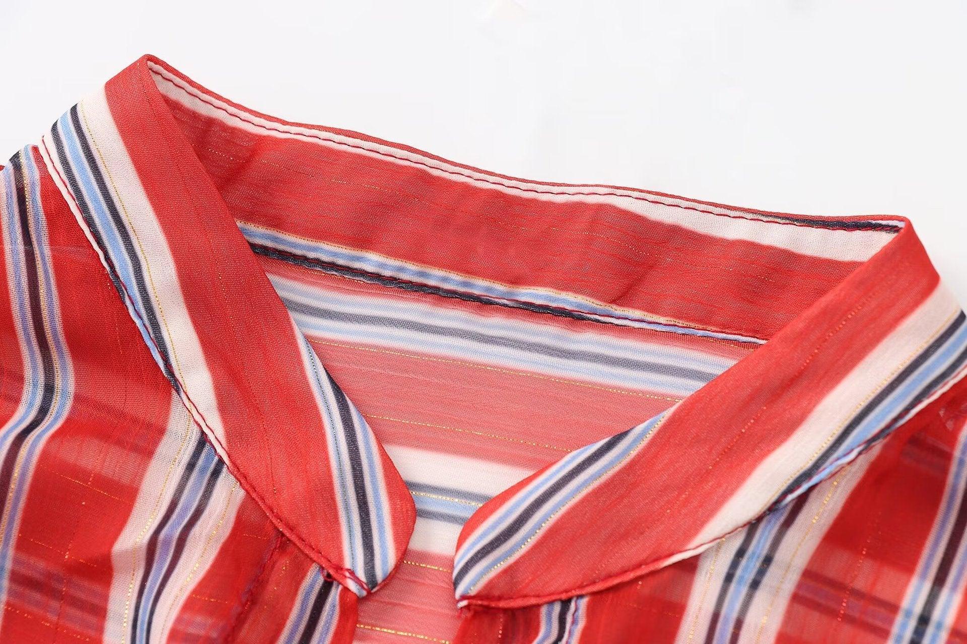 Ladies Long Sleeves Red + White Stripe Shirt K71245 - SWEETKAMA