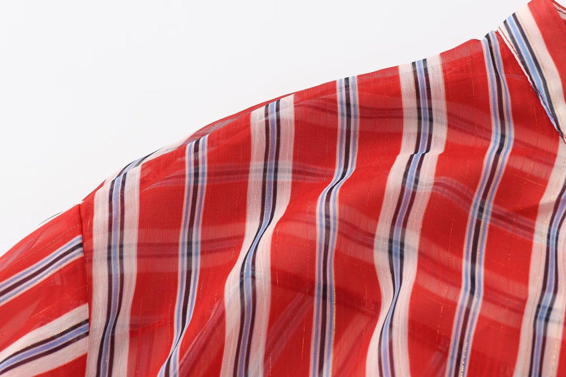 Ladies Long Sleeves Red + White Stripe Shirt K71245 - SWEETKAMA