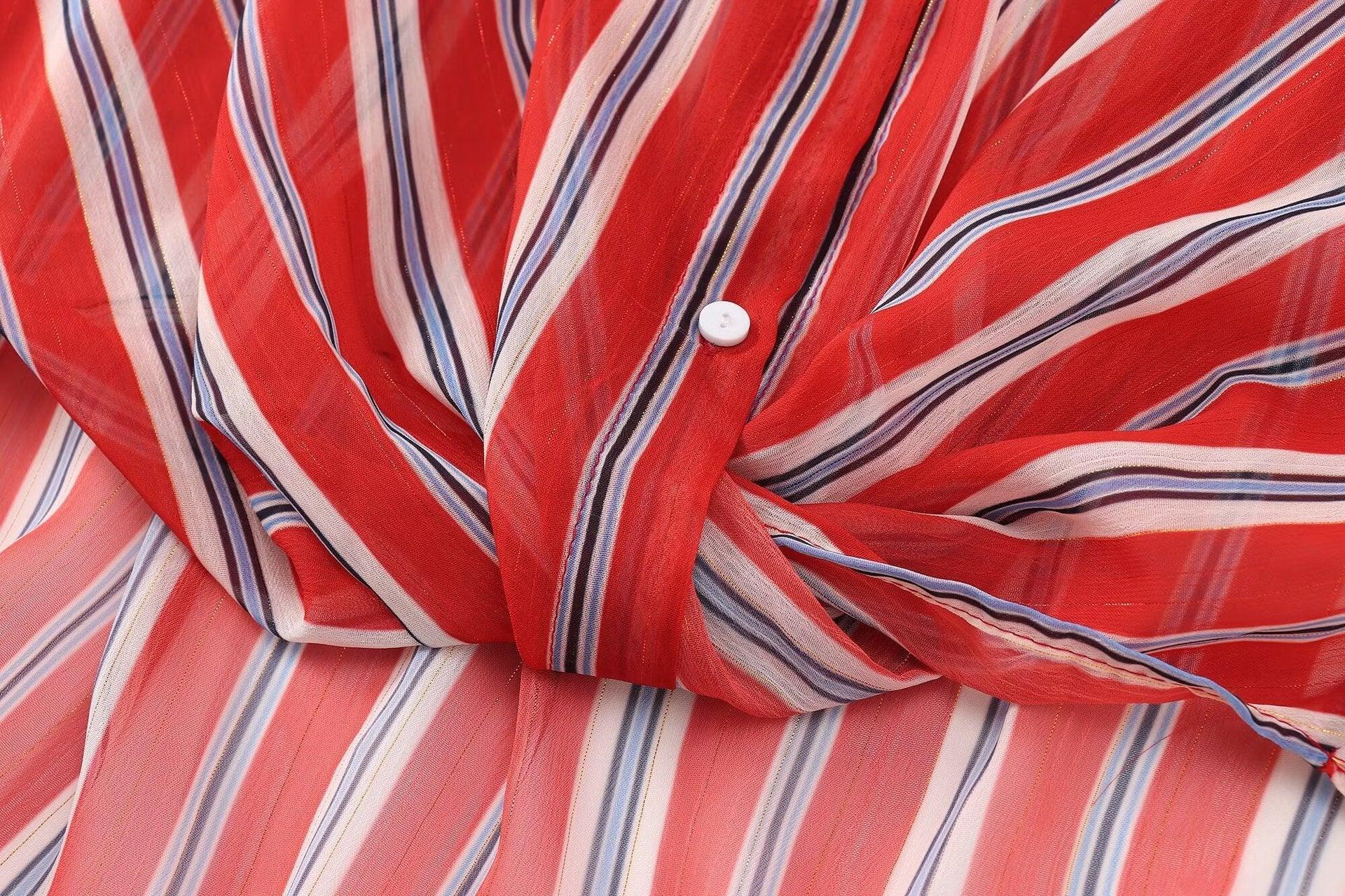 Ladies Long Sleeves Red + White Stripe Shirt K71245 - SWEETKAMA