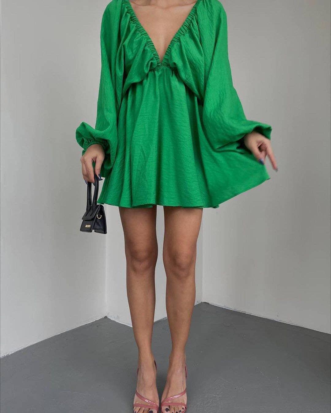 Ladies Long Sleeves V-Neck Daily Short Dress FF23017 - SWEETKAMA