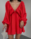 Ladies Long Sleeves V-Neck Daily Short Dress FF23017 - SWEETKAMA