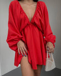 Ladies Long Sleeves V-Neck Daily Short Dress FF23017 - SWEETKAMA