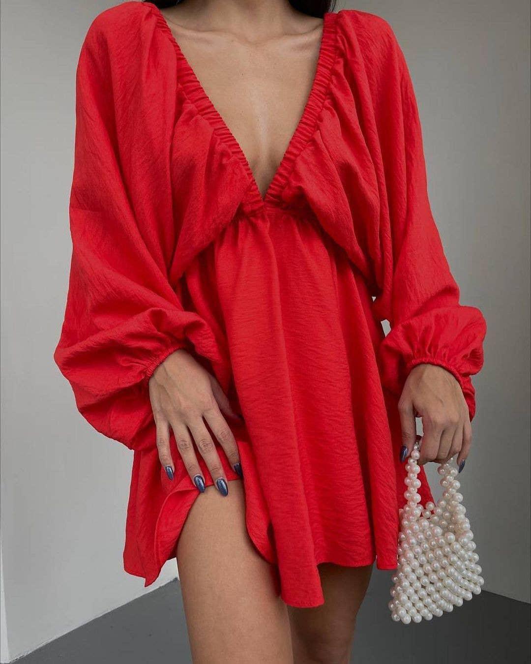 Ladies Long Sleeves V-Neck Daily Short Dress FF23017 - SWEETKAMA