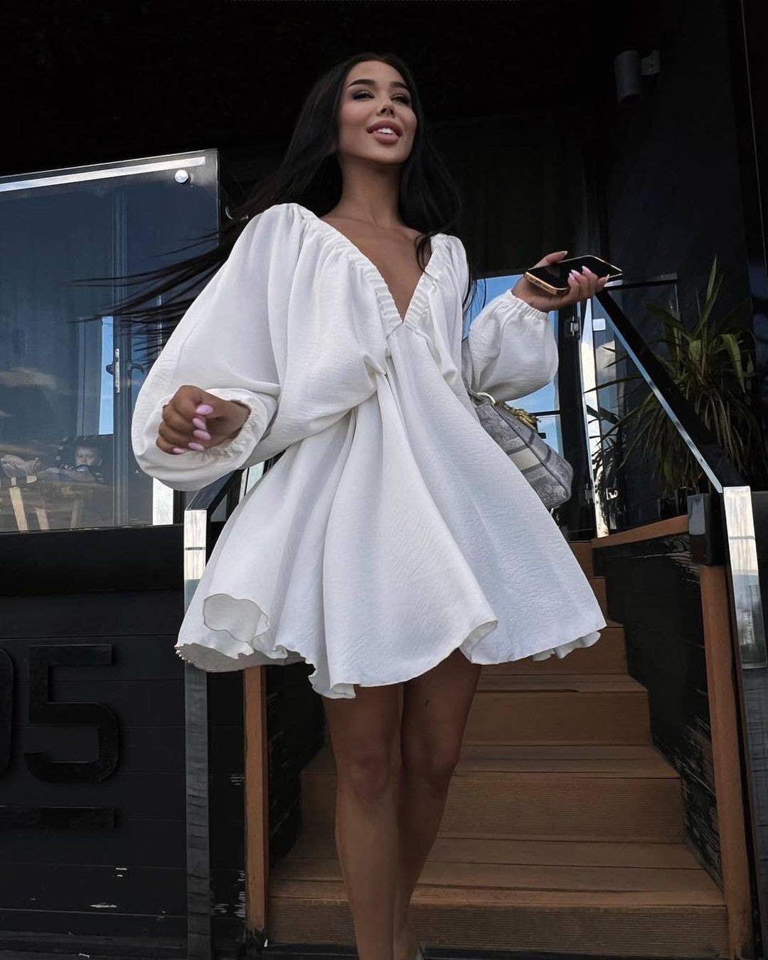 Ladies Long Sleeves V-Neck Daily Short Dress FF23017 - SWEETKAMA