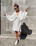 Ladies Long Sleeves V-Neck Daily Short Dress FF23017 - SWEETKAMA