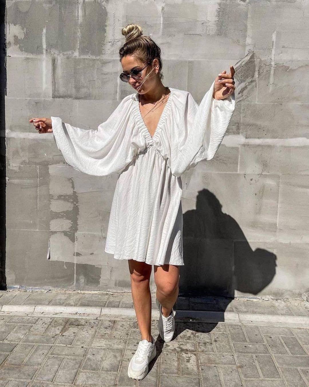 Ladies Long Sleeves V-Neck Daily Short Dress FF23017 - SWEETKAMA