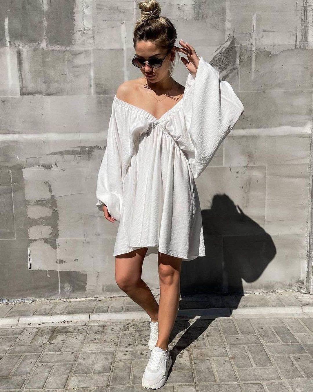Ladies Long Sleeves V-Neck Daily Short Dress FF23017 - SWEETKAMA