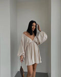 Ladies Long Sleeves V-Neck Daily Short Dress FF23017 - SWEETKAMA