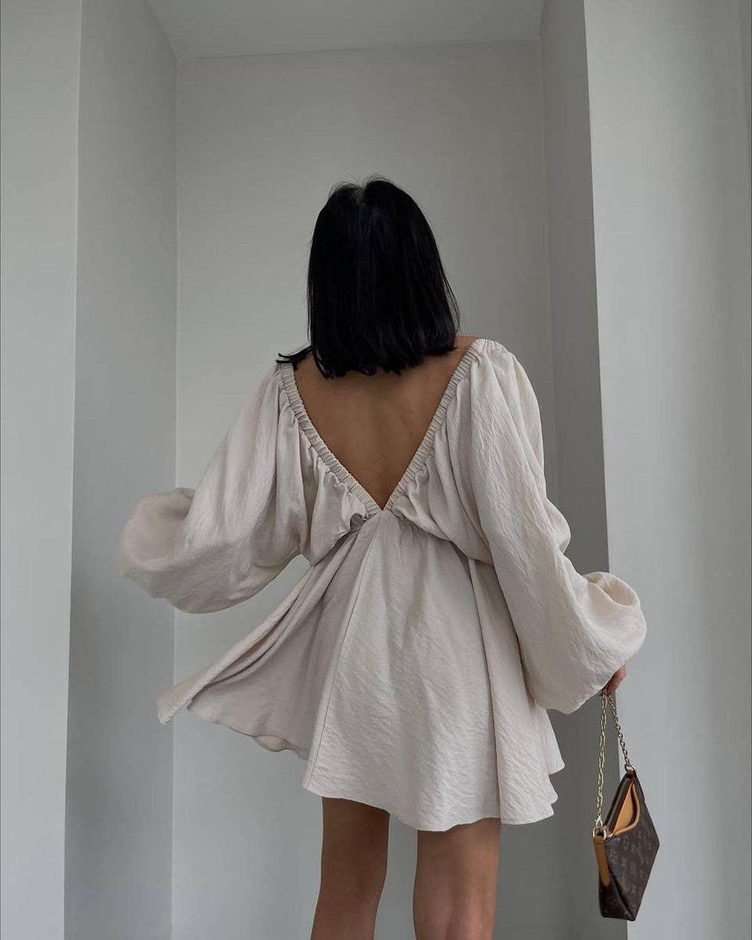 Ladies Long Sleeves V-Neck Daily Short Dress FF23017 - SWEETKAMA