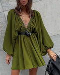 Ladies Long Sleeves V-Neck Daily Short Dress FF23017 - SWEETKAMA