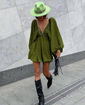 Ladies Long Sleeves V-Neck Daily Short Dress FF23017 - SWEETKAMA