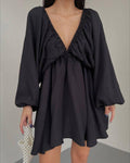 Ladies Long Sleeves V-Neck Daily Short Dress FF23017 - SWEETKAMA
