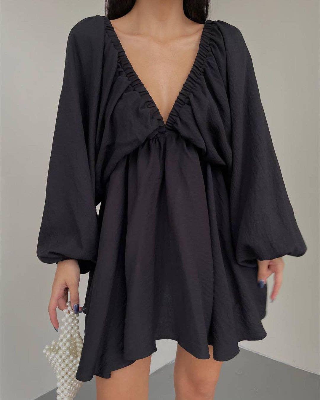 Ladies Long Sleeves V-Neck Daily Short Dress FF23017 - SWEETKAMA