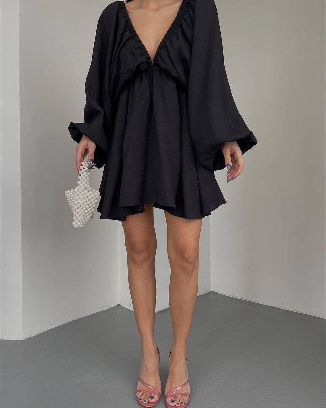 Ladies Long Sleeves V-Neck Daily Short Dress FF23017 - SWEETKAMA