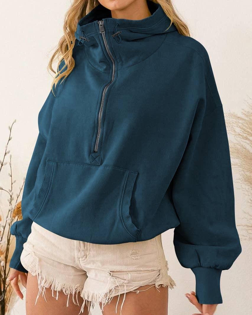 Ladies Long Sleeves Zip Collar Pocket Hoodie EWQD - SWEETKAMA