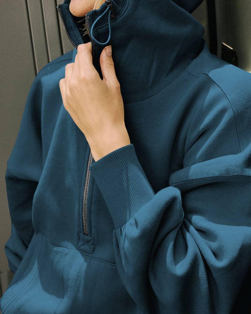 Ladies Long Sleeves Zip Collar Pocket Hoodie EWQD - SWEETKAMA