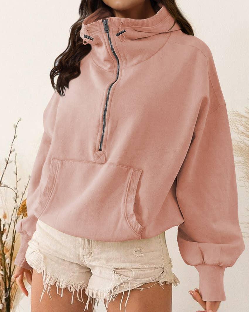 Ladies Long Sleeves Zip Collar Pocket Hoodie EWQD - SWEETKAMA