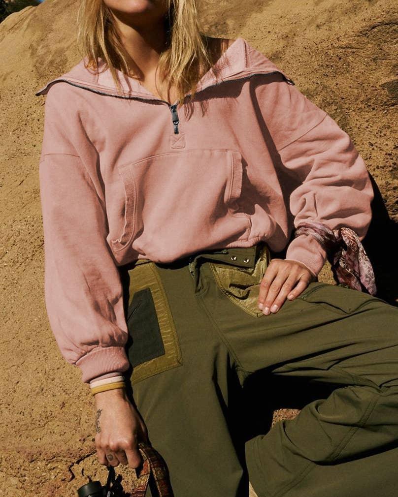 Ladies Long Sleeves Zip Collar Pocket Hoodie EWQD - SWEETKAMA