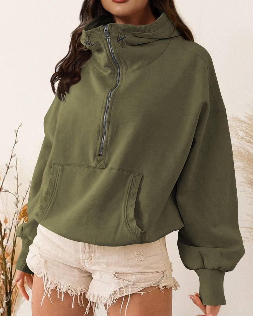 Ladies Long Sleeves Zip Collar Pocket Hoodie EWQD - SWEETKAMA