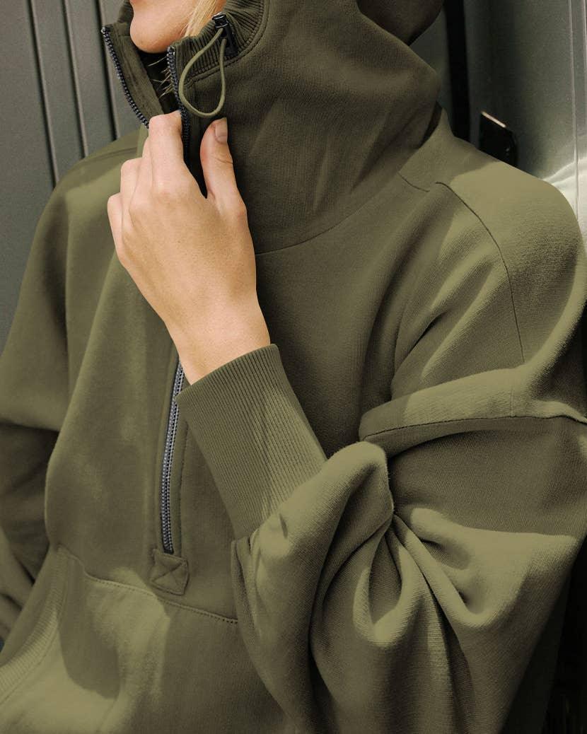 Ladies Long Sleeves Zip Collar Pocket Hoodie EWQD - SWEETKAMA