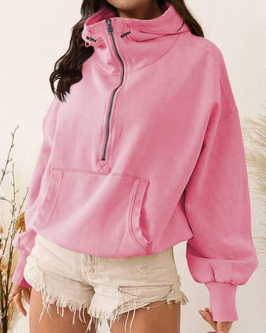 Ladies Long Sleeves Zip Collar Pocket Hoodie EWQD - SWEETKAMA