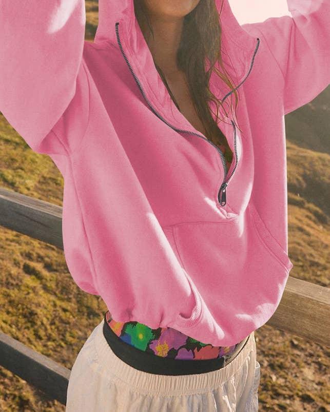Ladies Long Sleeves Zip Collar Pocket Hoodie EWQD - SWEETKAMA