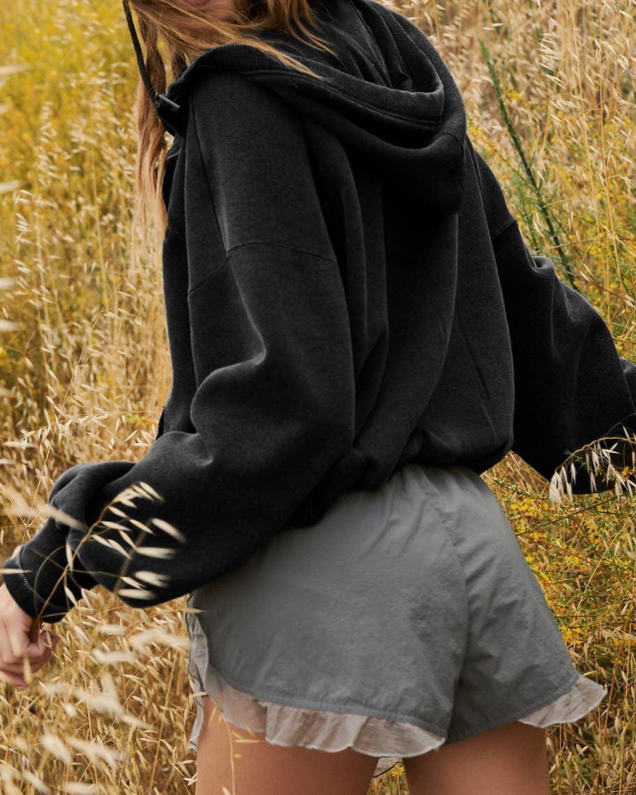 Ladies Long Sleeves Zip Collar Pocket Hoodie EWQD - SWEETKAMA