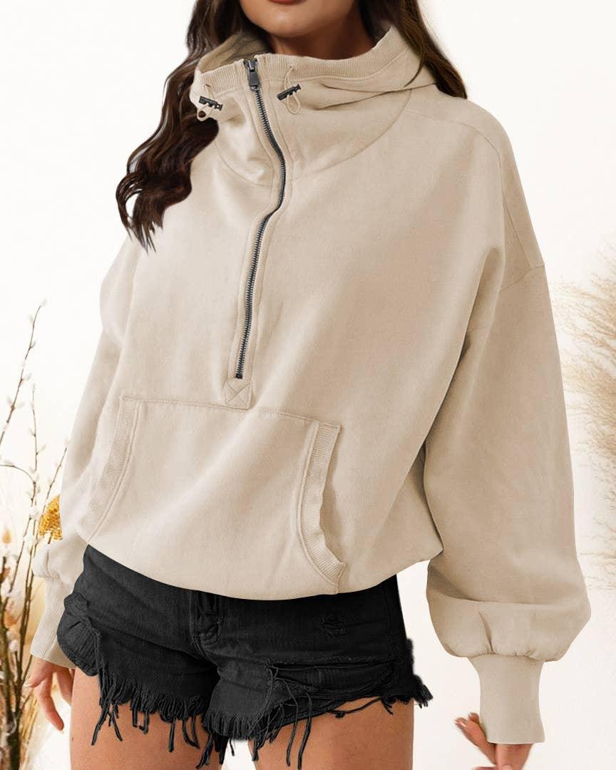 Ladies Long Sleeves Zip Collar Pocket Hoodie EWQD - SWEETKAMA