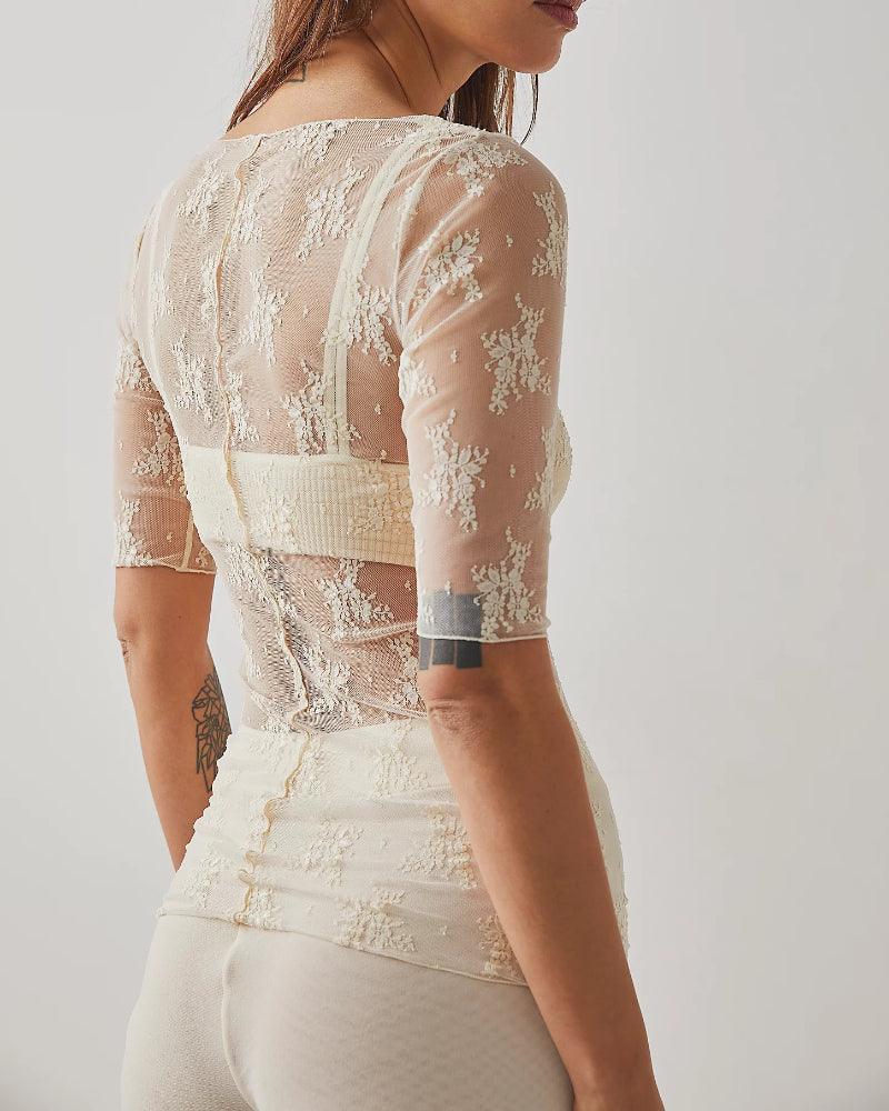 Ladies Lux Floral See Through Lace Mid Sleeves Blouse SKT273 - SWEETKAMA