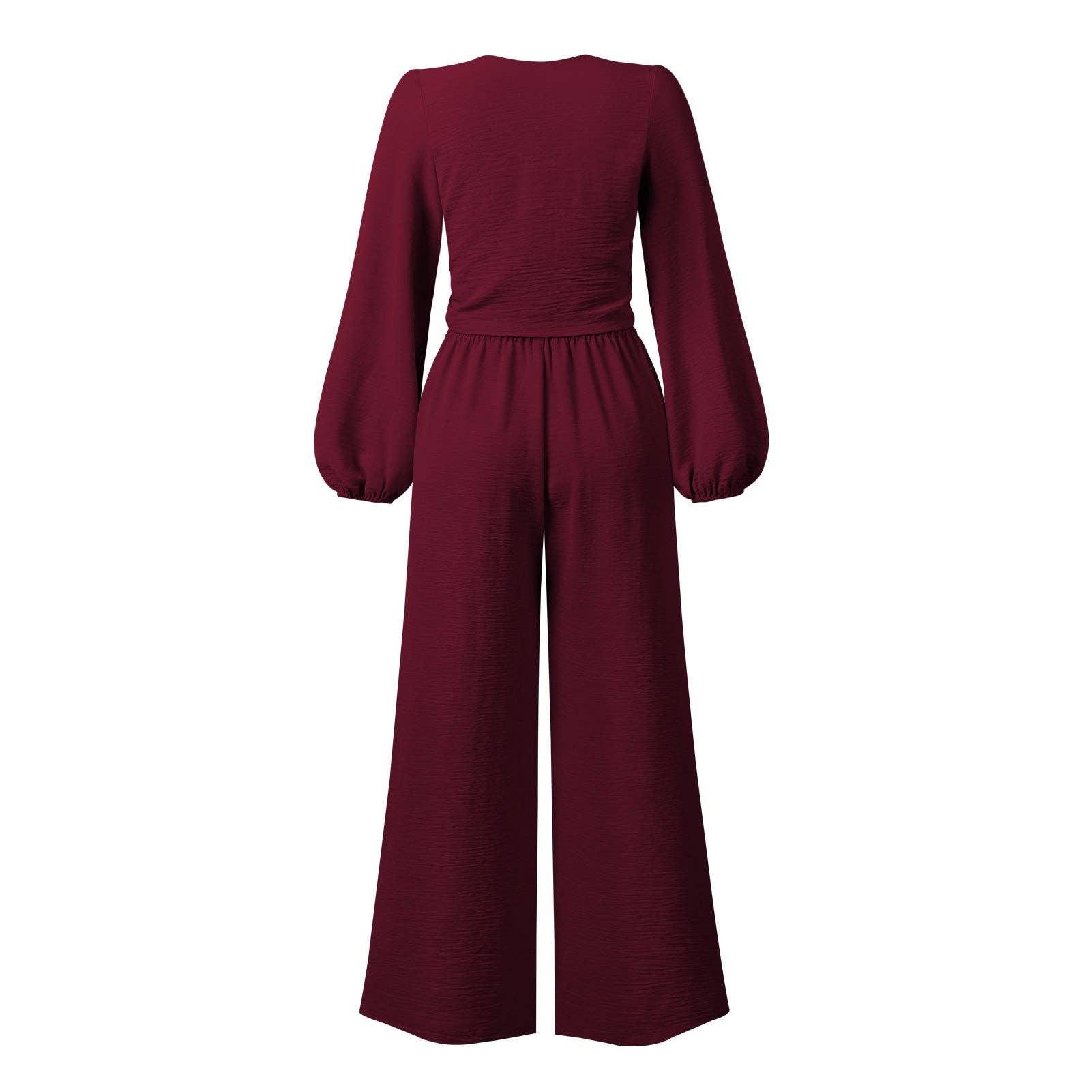 Ladies Mid Lantern Sleeves Daily Top Pants 2PCS Set GZN - SWEETKAMA