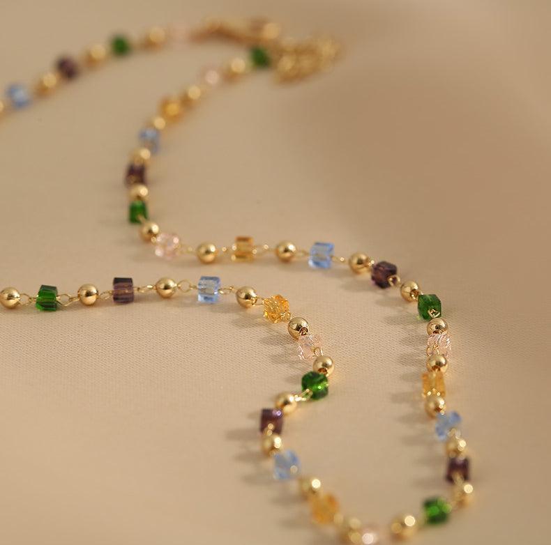 Ladies Multicolor Square & Gold Beads Necklace SKAJ006 - SWEETKAMA