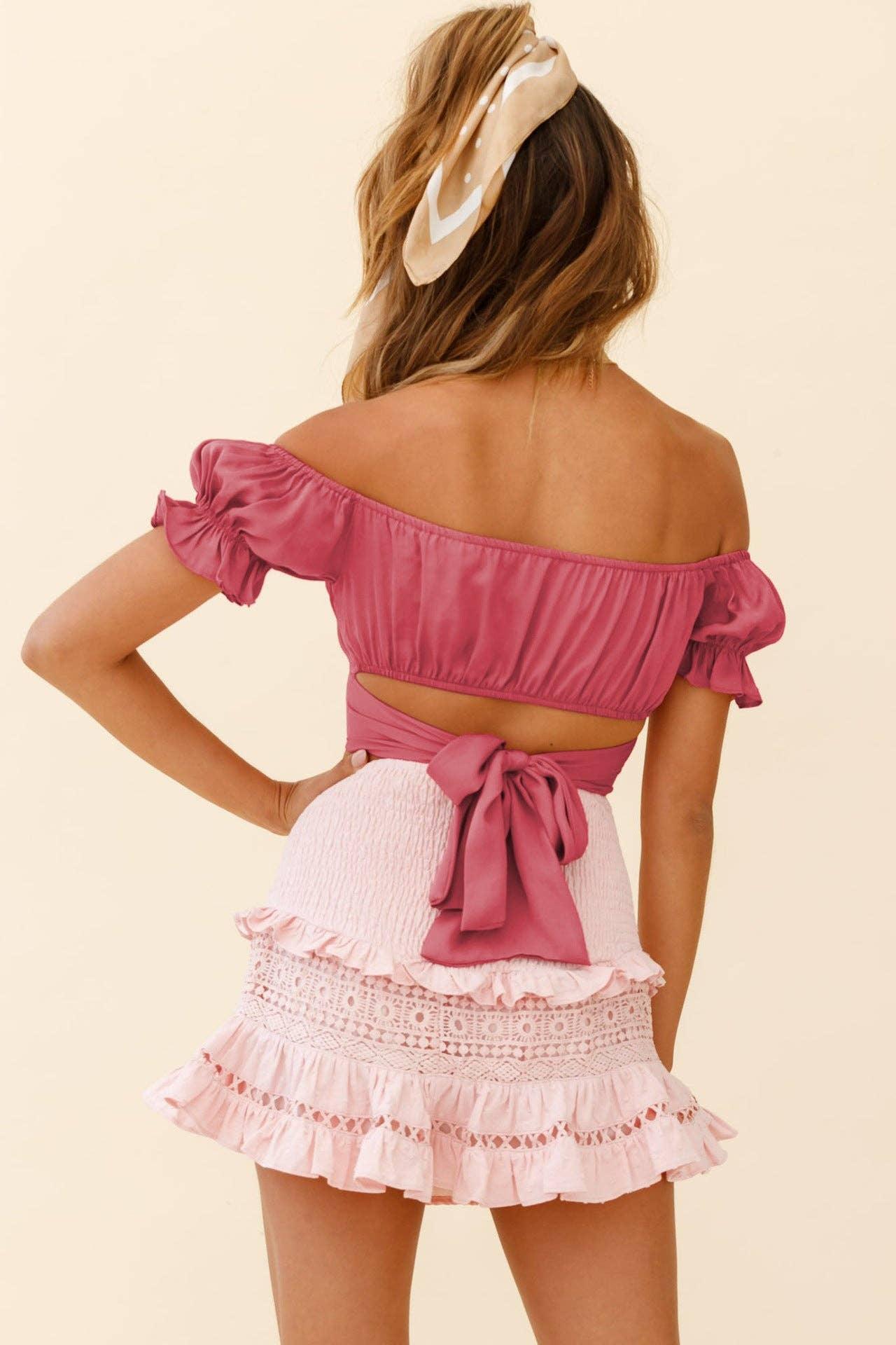 Ladies Off Shoulder Solid Color Daily Crop Top GSCA - SWEETKAMA