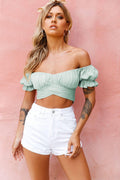 Ladies Off Shoulder Solid Color Daily Crop Top GSCA - SWEETKAMA