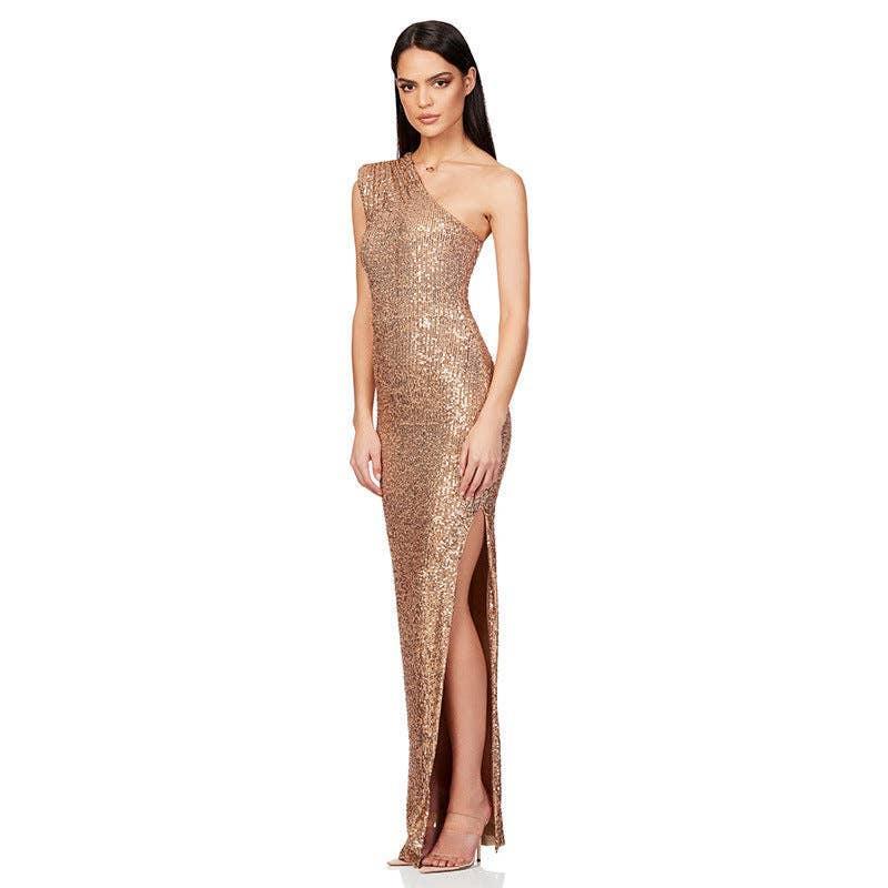 Ladies One Shoulder Sequin Sleeveless Maxi Dress R9174 - SWEETKAMA
