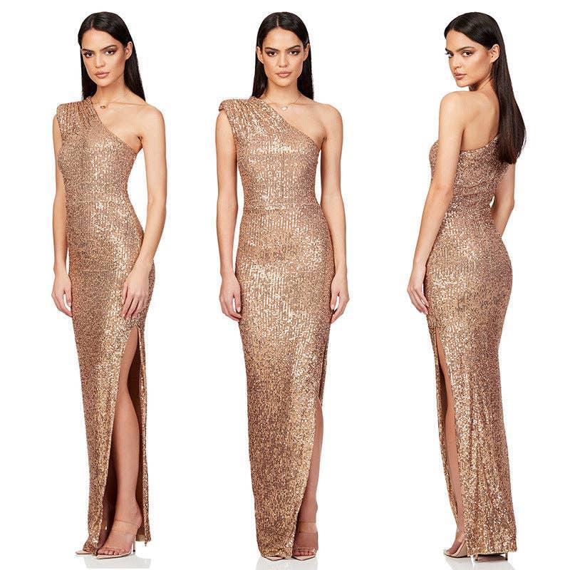 Ladies One Shoulder Sequin Sleeveless Maxi Dress R9174 - SWEETKAMA