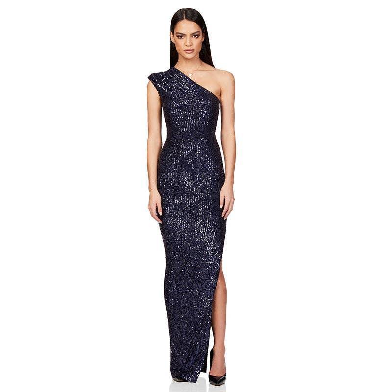 Ladies One Shoulder Sequin Sleeveless Maxi Dress R9174 - SWEETKAMA
