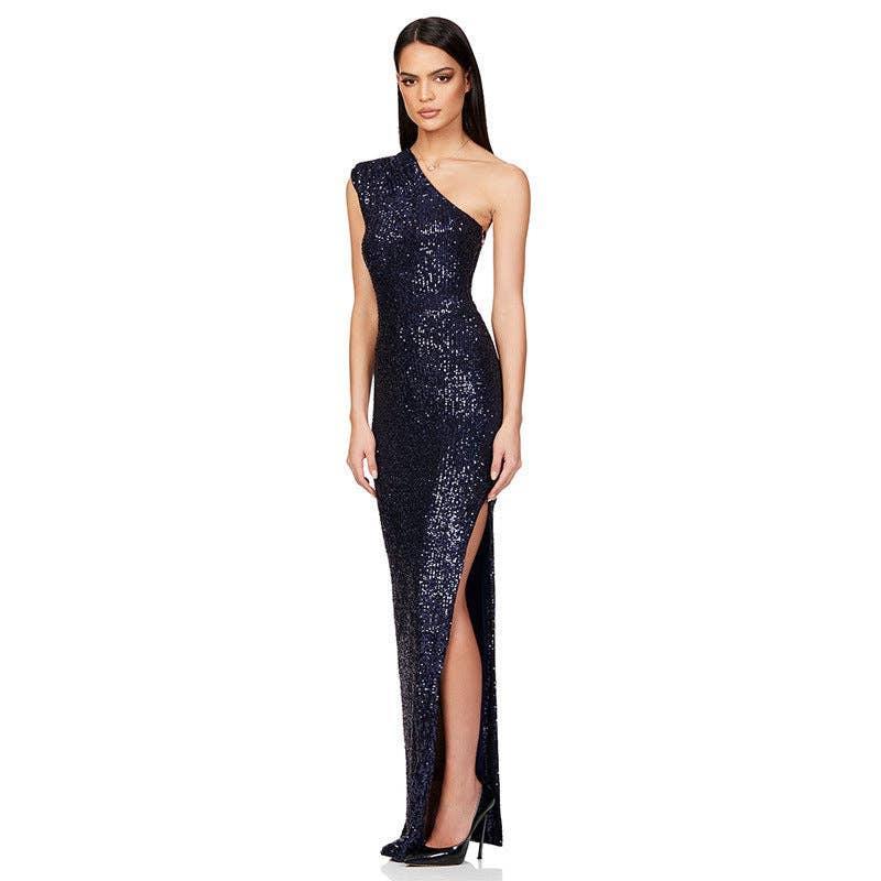 Ladies One Shoulder Sequin Sleeveless Maxi Dress R9174 - SWEETKAMA