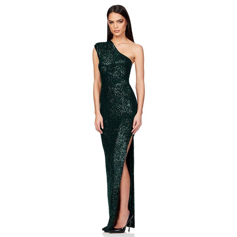 Ladies One Shoulder Sequin Sleeveless Maxi Dress R9174 - SWEETKAMA