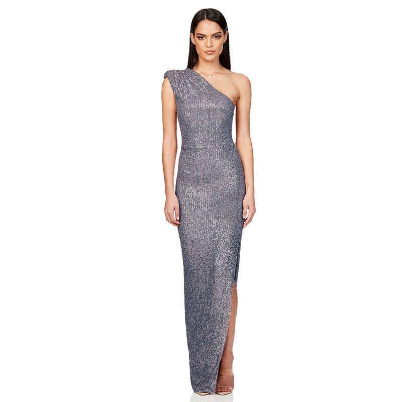 Ladies One Shoulder Sequin Sleeveless Maxi Dress R9174 - SWEETKAMA