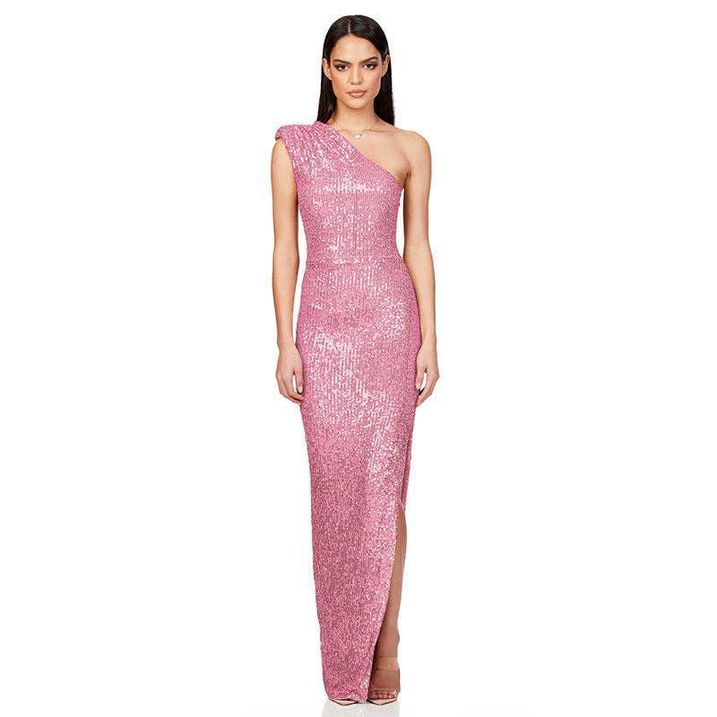 Ladies One Shoulder Sequin Sleeveless Maxi Dress R9174 - SWEETKAMA