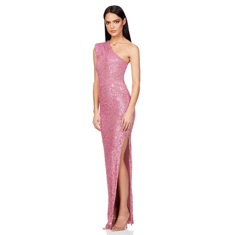 Ladies One Shoulder Sequin Sleeveless Maxi Dress R9174 - SWEETKAMA