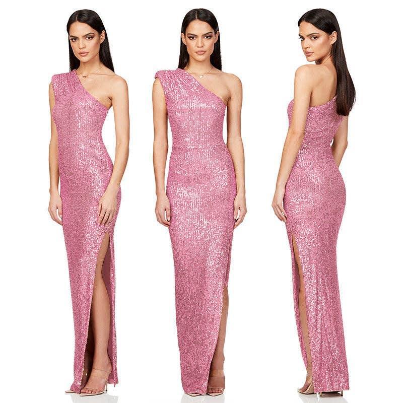 Ladies One Shoulder Sequin Sleeveless Maxi Dress R9174 - SWEETKAMA