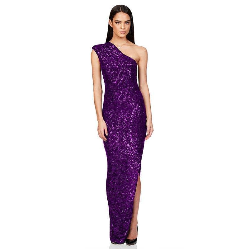 Ladies One Shoulder Sequin Sleeveless Maxi Dress R9174 - SWEETKAMA